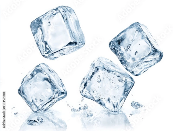 Fototapeta Four Crystal Clear Ice Cubes Falling in Slow Motion Isolated on White Background