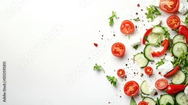 Fototapeta Fresh Vegetables and Herbs Arranged on a White Background