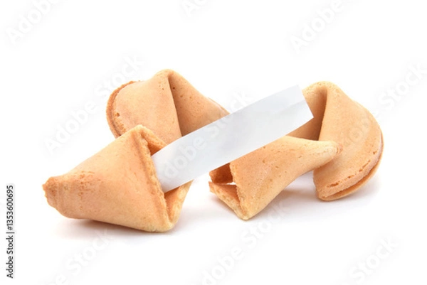 Fototapeta Fortune cookies broken with piece of paper isolated on white