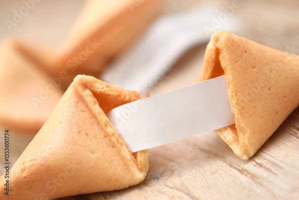 Fototapeta Fortune cookies broken in group with piece of paper closed up on the table