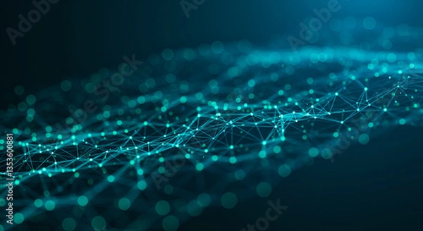 Fototapeta An abstract digital wave with glowing blue and orange particles interconnected by lines and dots, set against a dark, blurred background.