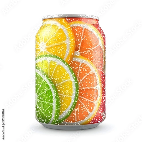 Fototapeta Colorful Citrus Soda Can with Lime, Orange, and Lemon A vibrant citrus drink can with mixed fruit slices, including lime, orange, and lemon.