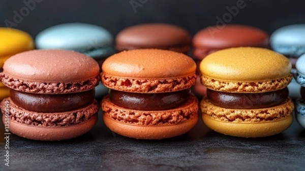 Fototapeta Colorful macarons arranged neatly on a dark surface, showcasing vibrant hues and textures