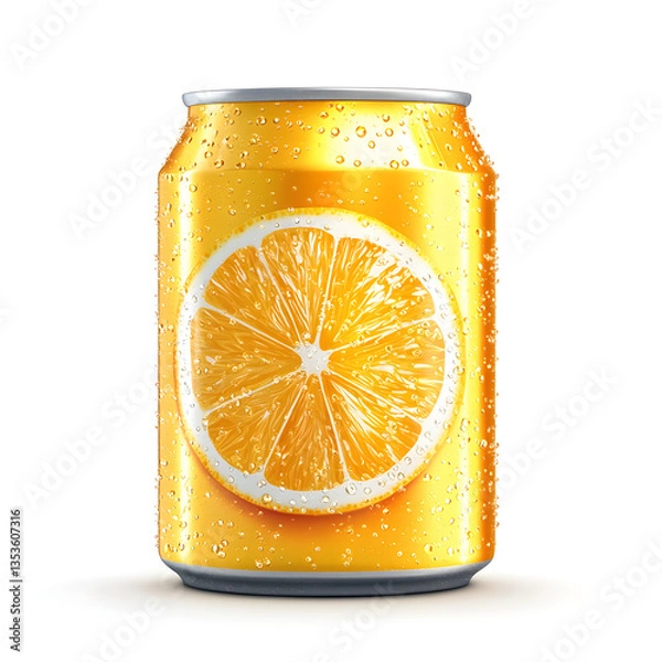 Obraz Yellow Soda Can with Orange Slice Design A refreshing soda can with vibrant orange slices and a fizzy texture.
