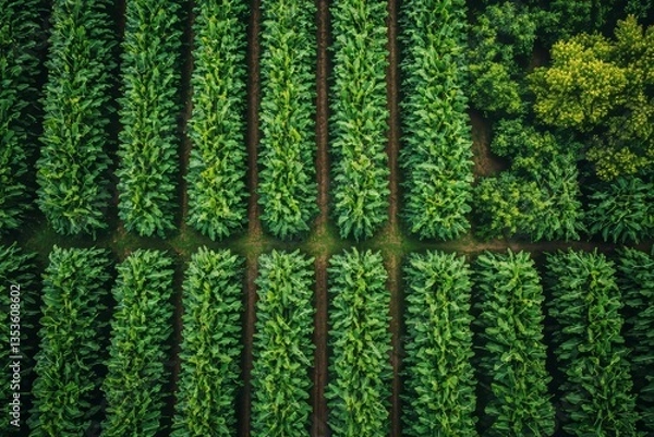 Fototapeta Bird's eye view of vibrant corn field with neat rows. Surrounding forest adds depth. Concept of corn field showcases farming practices and lush greenery.