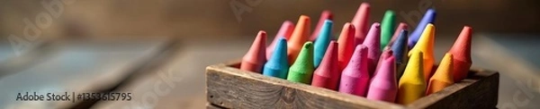 Fototapeta Top view of pastel crayons in a rustic wooden box with soft focus background, pastel colors, artist, creativity