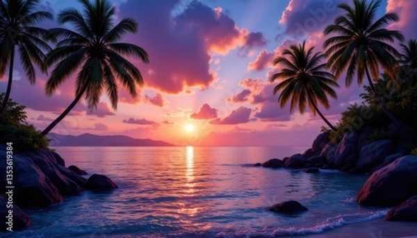 Obraz Tropical Paradise at Dusk Create a vibrant tropical sunset scene with lush palm trees silhouetted against a colorful sky
