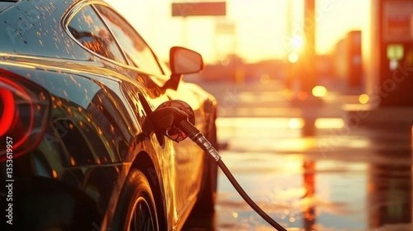 Obraz Sunset at a gas station with a fuel pump nozzle refueling a car, the warm orange hues of the sky casting a soft light on the scene,The warm hues of the setting sun illuminate a gas station as a fuel 