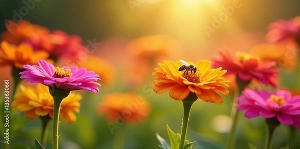 Fototapeta Vibrant zinnias blooming in a sunlit field with bees hovering around, flowers, summer, petals