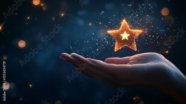 Fototapeta A visual representation of customer experience and premium service, illustrated by a clientâ€™s hand offering a star rating. Highlights customer satisfaction, service quality, and feedback