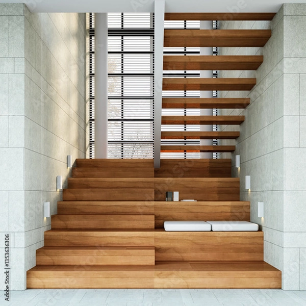 Obraz Interior of Modern wooden staircase ,3D rendering