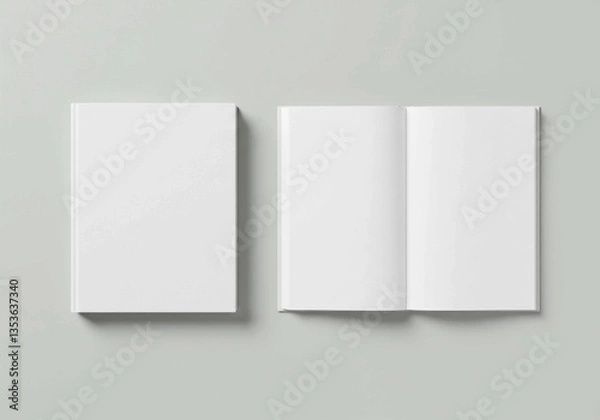 Fototapeta Two clean white books, one closed and one open, presented in a top-down view for book cover and interior page design