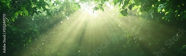 Fototapeta Sunlight filters through lush green leaves, creating a serene and tranquil atmosphere.