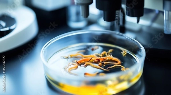 Fototapeta Microscopic view of parasitic worms in a petri dish, surrounded by lab equipment, symbolizing medical research and health concerns in scientific studies.

