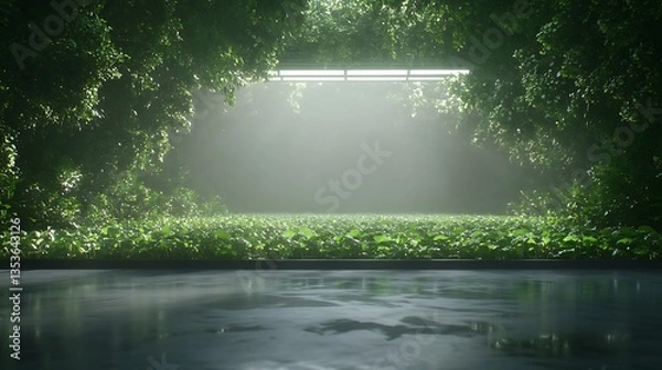 Fototapeta Serene space with water surrounded by lush greenery and soft light filtering through foliage.