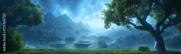 Fototapeta Surreal landscape with trees, mountains, and floating platforms under a starry sky.