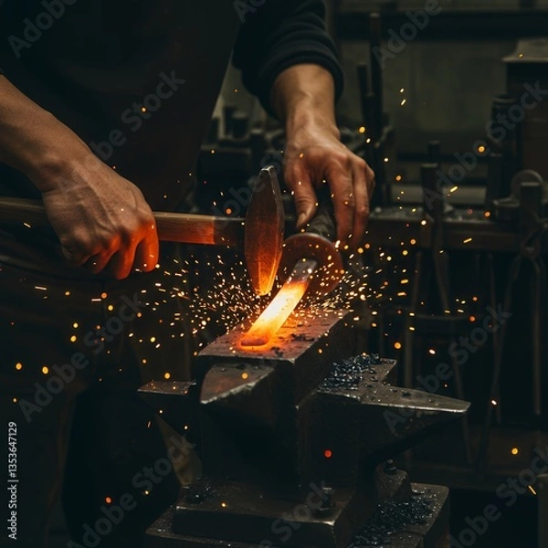 Fototapeta A close-up of a Japanese blacksmith forging a katana, with sparks flying as the molten steel is hammered into shape. A powerful display of traditional craftsmanship and precision.
