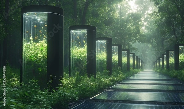 Fototapeta Futuristic pathway lined with glass structures showcasing greenery in a dense forest.