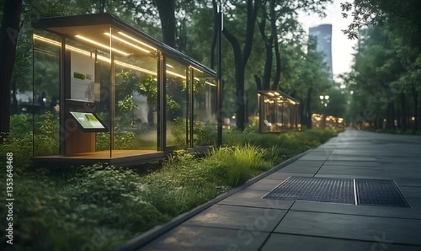 Fototapeta Urban park featuring illuminated glass structures along a tree-lined walkway.