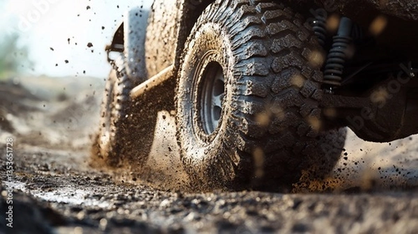 Fototapeta Extreme Off-Roading: Muddy Tire Splashing Through a Dirt Track