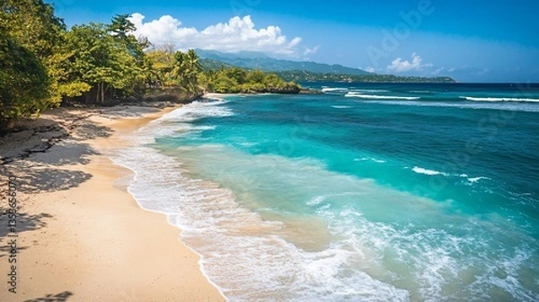 Fototapeta Stunning turquoise waters and pristine sand in a tropical paradise beach