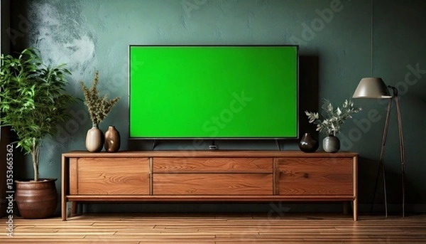 Fototapeta Smart TV with a Blank Green Screen Set on a Wooden Tabletop
