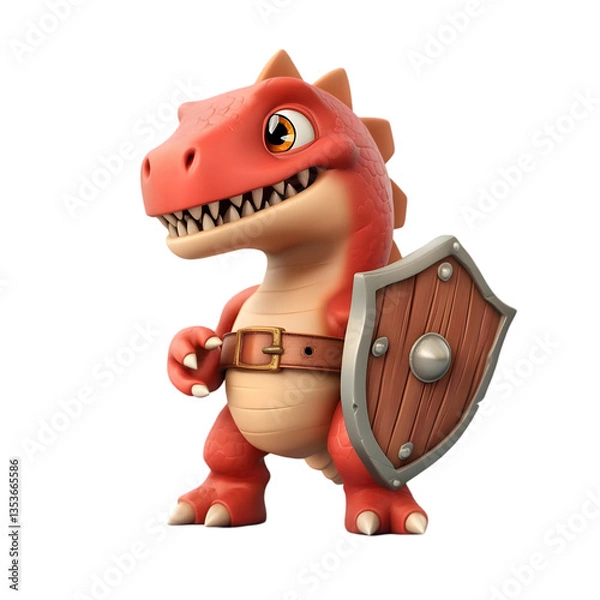 Obraz Cute Red Dragon Character Holding Shield