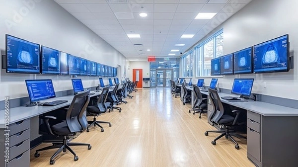 Fototapeta Multiple workstations in radiology reading room with ergonomic furniture setup
