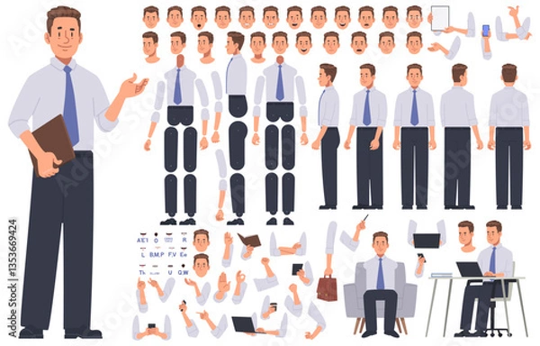 Fototapeta Business man character constructor. Salesman or manager. Set of hands legs body and head positions to create animation
