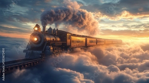 Fototapeta Dreamlike journey: A vintage steam train soaring above a sea of clouds