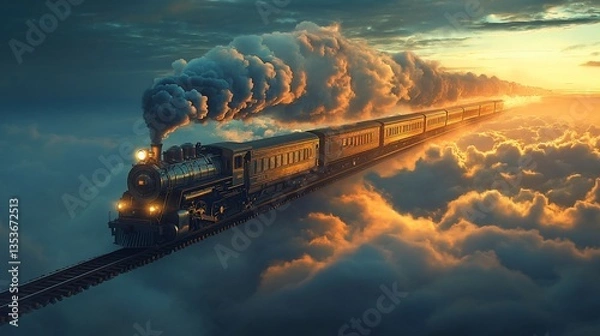 Fototapeta Vintage steam train traversing a dreamy landscape above the clouds at sunset