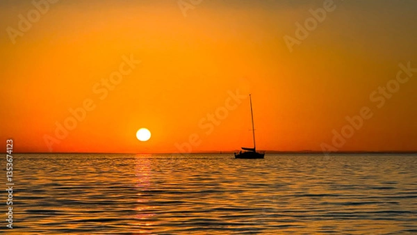 Obraz Scenic sunset over Melbourne’s harbor with colorful skies and boat silhouettes. A breathtaking seascape with vibrant orange and yellow hues reflecting on the water, creating a peaceful atmosphere