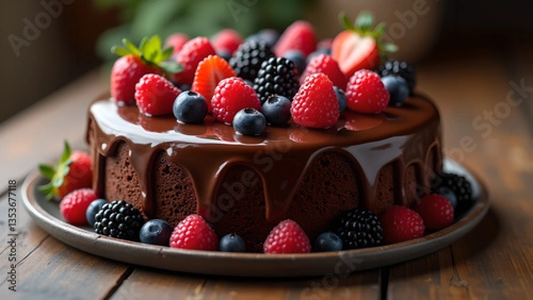 Fototapeta Delicious Chocolate Cake with Assorted Fresh Berries