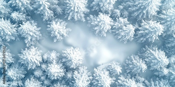 Fototapeta Overhead view captures frosted trees surrounded by serene open space
