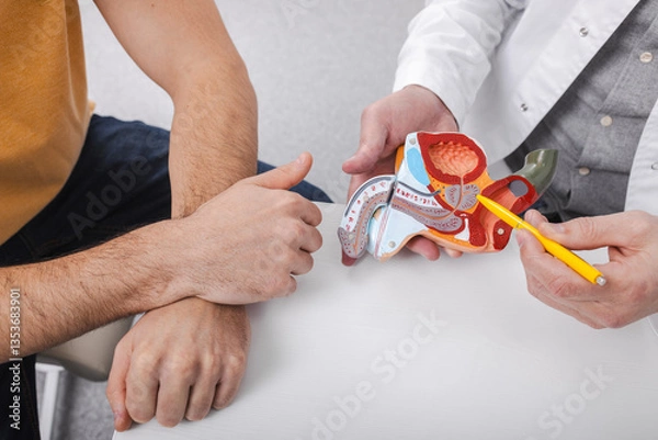 Fototapeta Doctor consulting man patient with suspected prostate cancer using male reproductive system model while visit in urology clinic. Prostate problems and treatment