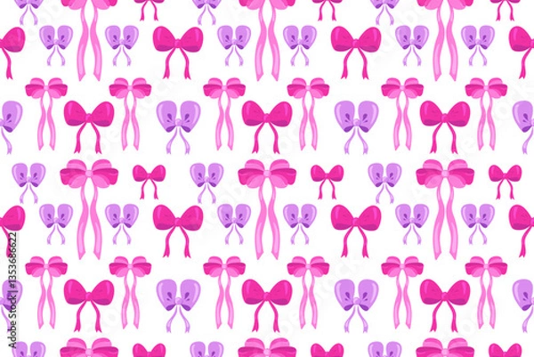 Obraz Pattern of pink bows is displayed on a white background. The bows are of various sizes and colors, creating a vibrant and playful atmosphere. Vector flat illustration
