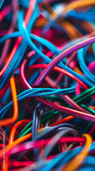 Fototapeta Intricate Network of Colorful Wires in Electronic Device Highlighting Connectivity and Complexity in Modern Technology