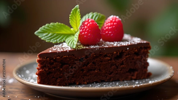 Fototapeta Decadent Chocolate Cake Slice with Raspberry Garnish