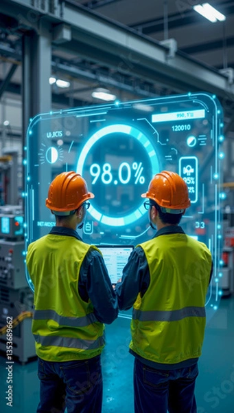 Fototapeta Two Men in Safety Vests Standing Before a Large Display Screen