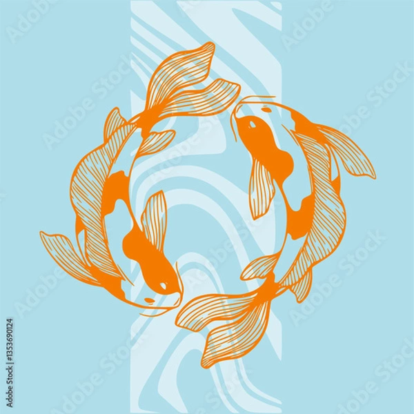 Obraz Koi fish with water and cherry flower Artwork vector white background