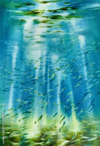 Obraz Sun rays and small fish in green underwater watercolor background
