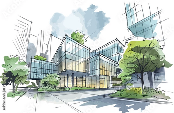 Obraz  a watercolor-style architectural sketch or illustration of a modern building. 
