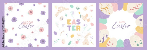 Fototapeta Collection Easter square posters with bunny, bird, eggs and spring flowers. Set holiday covers, posters, banners, greeting cards with lettering. Vector illustration
