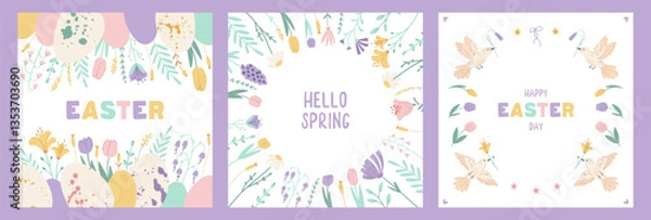 Fototapeta Collection Easter square posters with cute birds, eggs and spring flowers. Set holiday covers, posters, banners, greeting cards with lettering. Vector illustration