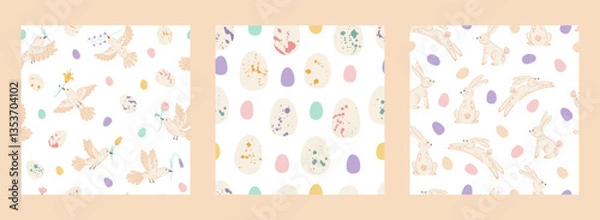 Fototapeta Set Easter seamless pattern with cute bunnies, birds, eggs and wildflowers on white background. Collection Spring patterns for banner, wallpaper, packaging, textiles design. Vector illustration