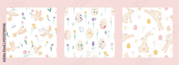 Fototapeta Set Easter seamless pattern with cute bunnies, birds, eggs and wildflowers on white background. Collection Spring patterns for banner, wallpaper, packaging, textiles design. Vector illustration