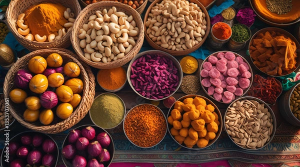Fototapeta A vibrant top-down view of a traditional Indian market stall, showcasing an abundance of fresh dry fruits including ripe anjeer with deep purple skin, cashews in their shells, and chilgoza pine nuts 