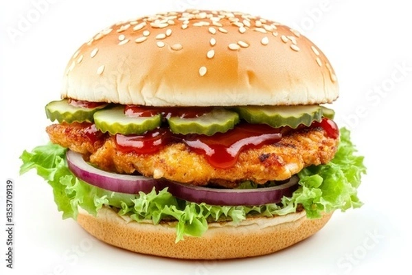 Fototapeta Chicken Burger with Pickles, Lettuce and Red Onion on White Background