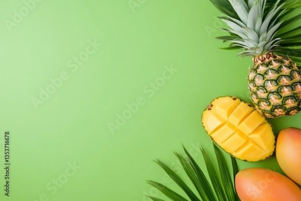 Obraz Fresh pineapple and mango fruit arrangement on green backdrop