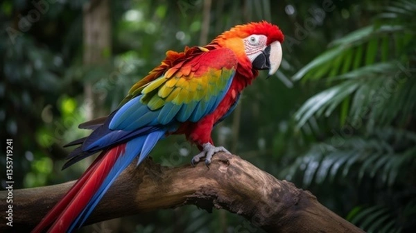 Fototapeta A bright macaw parrot with bright red, blue and yellow feathers sitting on a branch in a rainforest, surrounded by lush green foliage.